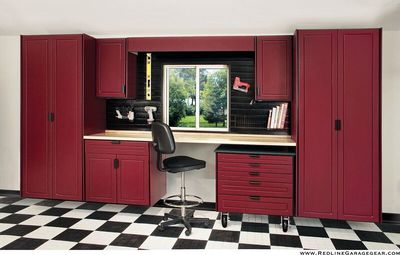RedLine Garage System Storage Cabinets with Counter Top and Slat Wall with hanging options